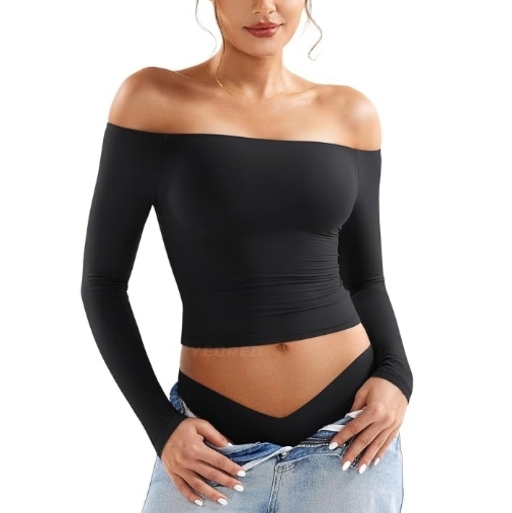 Off Shoulder Long Sleeve Shirts Double Lined Basic Undershirt Black